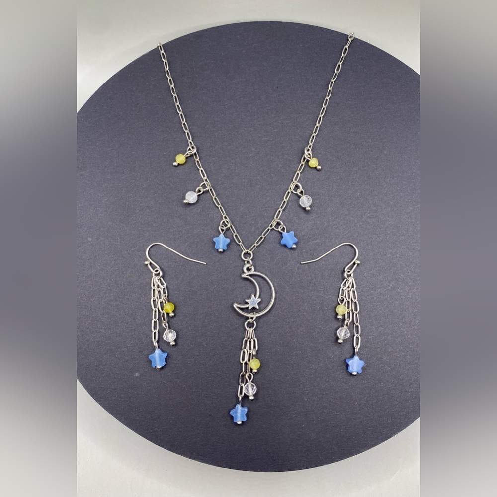 🌜💫Blue Calcite Clear Quartz Yellow Opal Celestial Necklace Earrings Set